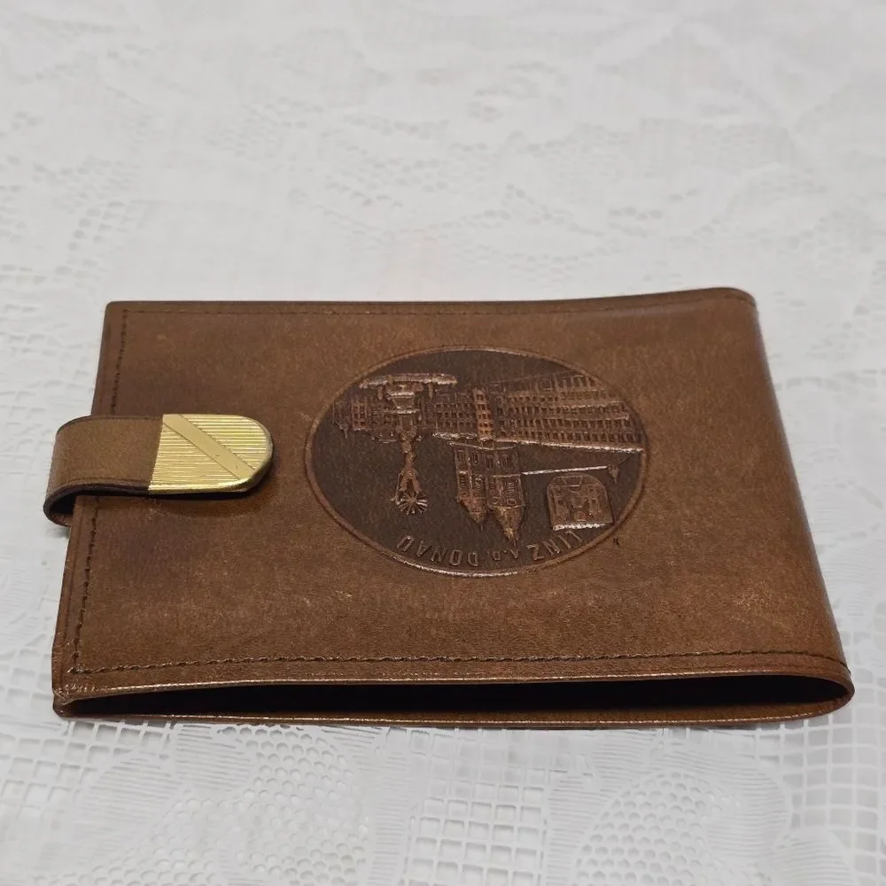 Vintage 50s Austrian Brown Leather Wallet LINZ DONAU Medallion Embossed